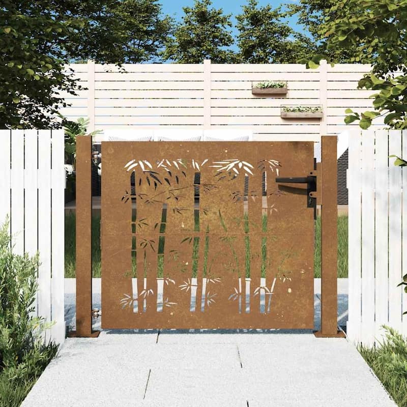 vidaXL Garden Gate Decorative Door Outdoor Fence Corten Steel Bamboo Design - 43.3 x 41.3"