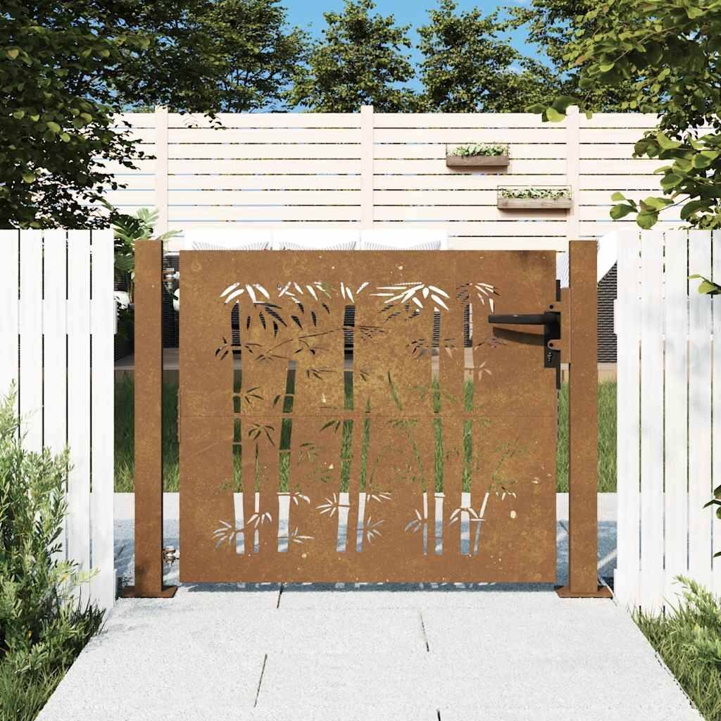 vidaXL Garden Gate Decorative Door Outdoor Fence Corten Steel Bamboo Design