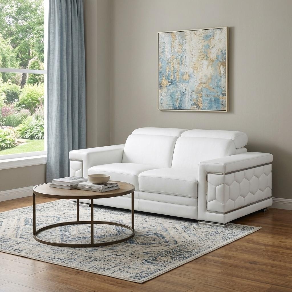 HomeRoots 71" White And Silver Genuine Leather Love Seat - 71.00 in. x 29.00 in. x 41.00 in.
