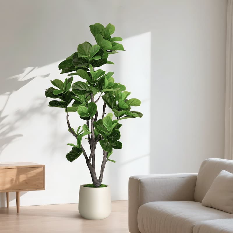 Artificial Fiddle Leaf Fig Tree in White Decor Pot, Faux Green Plant