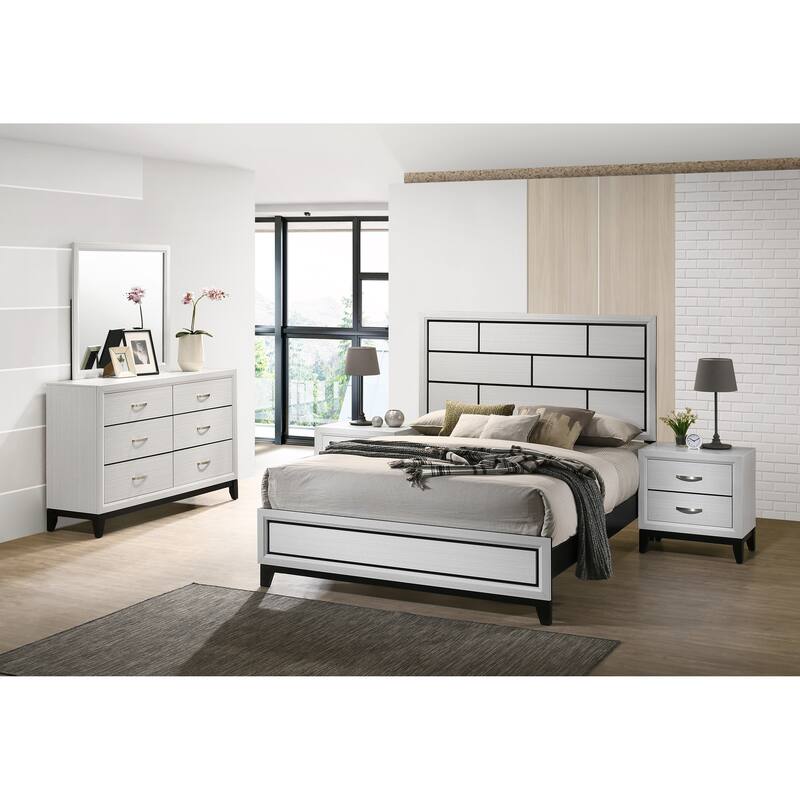 Roundhill Furniture Stout Contemporary Panel Bedroom Set in White Finish with Panel Bed, Dresser, Mirror, 2 Night Stands - Queen
