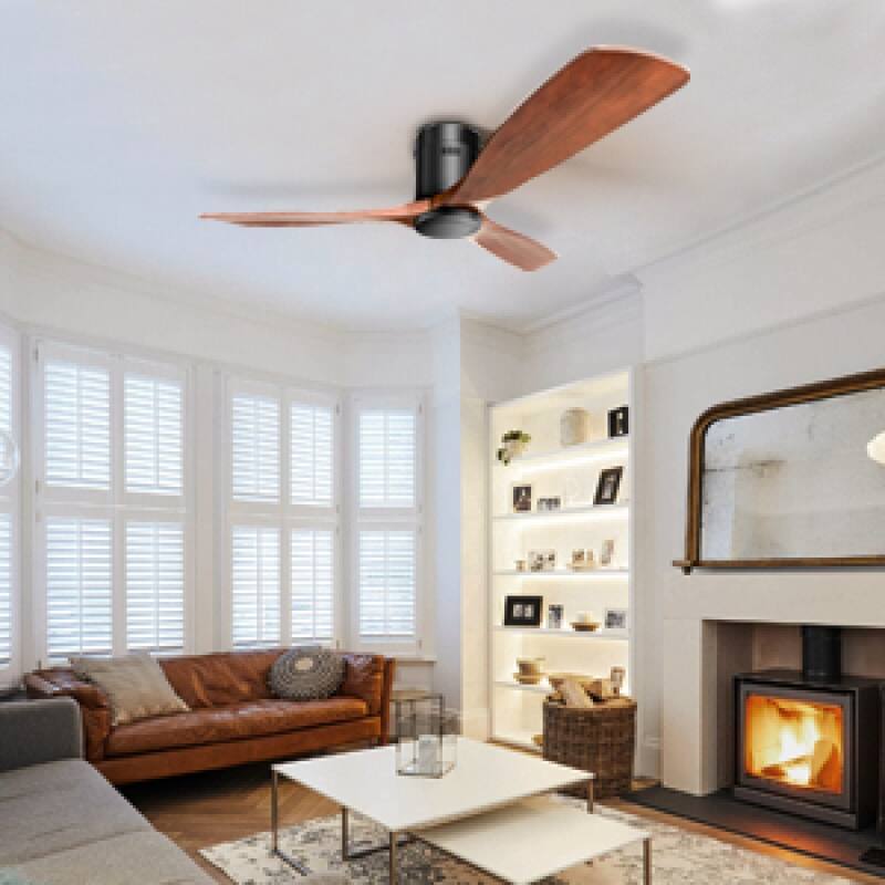 52'' Flush Mount Ceiling Fan with DC 3 Carved Wood Blades and Remote Control, without Light - 52''×52''×10.24'' - Black