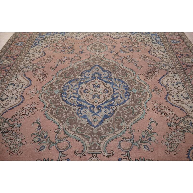 Pink Tabriz Persian Vintage Area Rug Hand-Knotted Wool Carpet - 9'7" x 12'4"