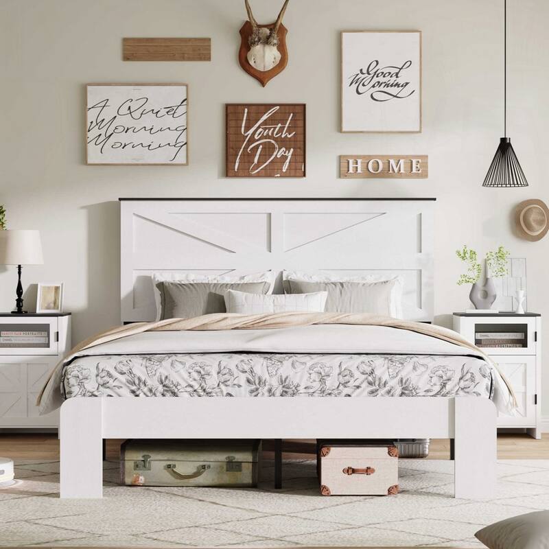 Noise Free Wood Platform Bed Frame No Box Spring Needed and Easy Assembly Too - White - Full