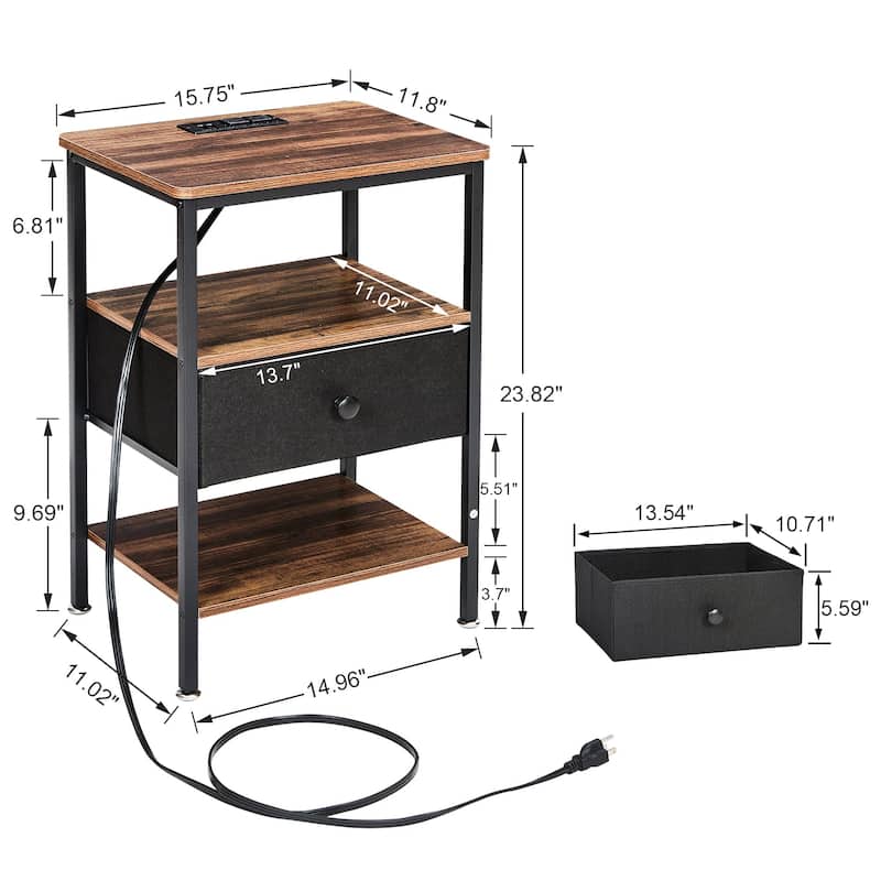 VECELO Nightstand Set with Charging Station 2 AC Outlets & 2 USB Ports 24-Inch High nightstand with Fabric Drawer 2 Open Shelves