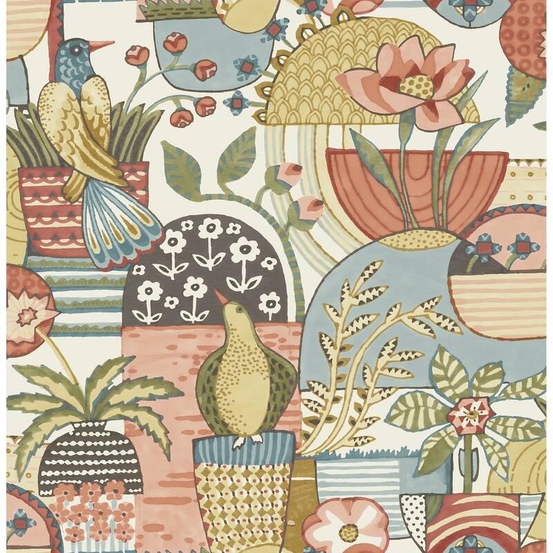 A-Street Prints Fika Mustard Blissful Birds and Blooms Wallpaper