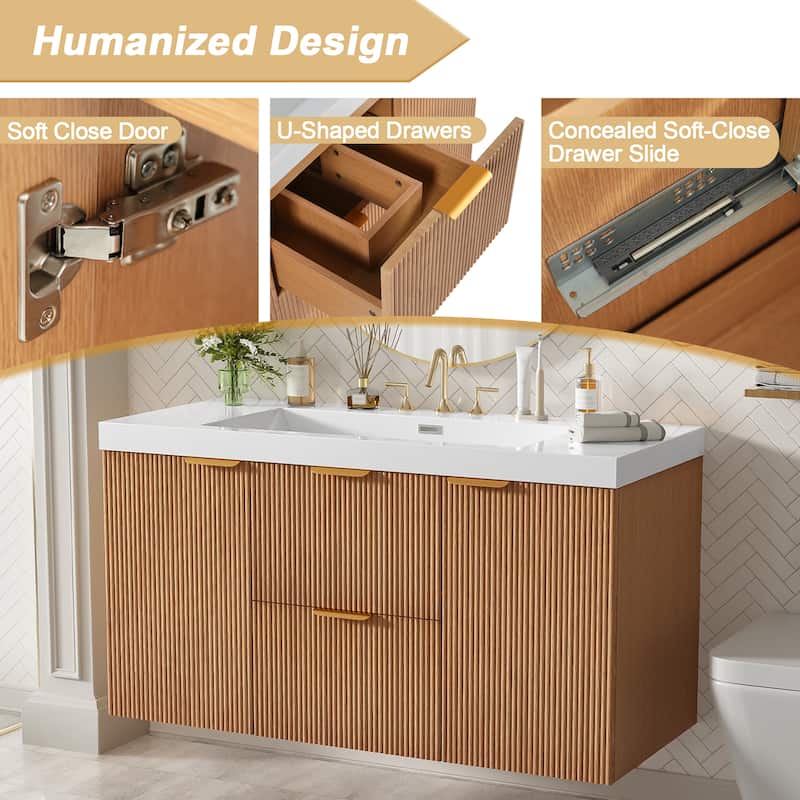 42"Single Sink Bathroom Vanity with SMC Top,MDF Cabinet,Soft Close Doors,U-shaped Drawers,Wall-Mounted Modern Storage Vanity