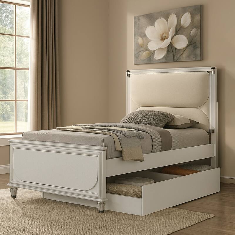 Dima Full Bed, Upholstered Headboard w LED, Pearl White, Clear Legs
