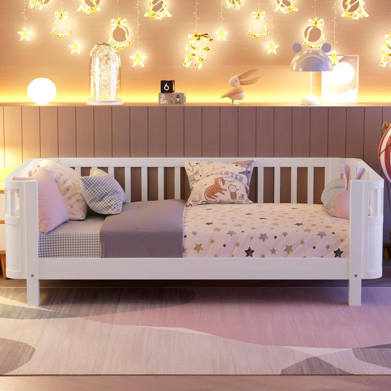 Twin Size Wood Platform Bed w/ Rails for Girls Boys - White