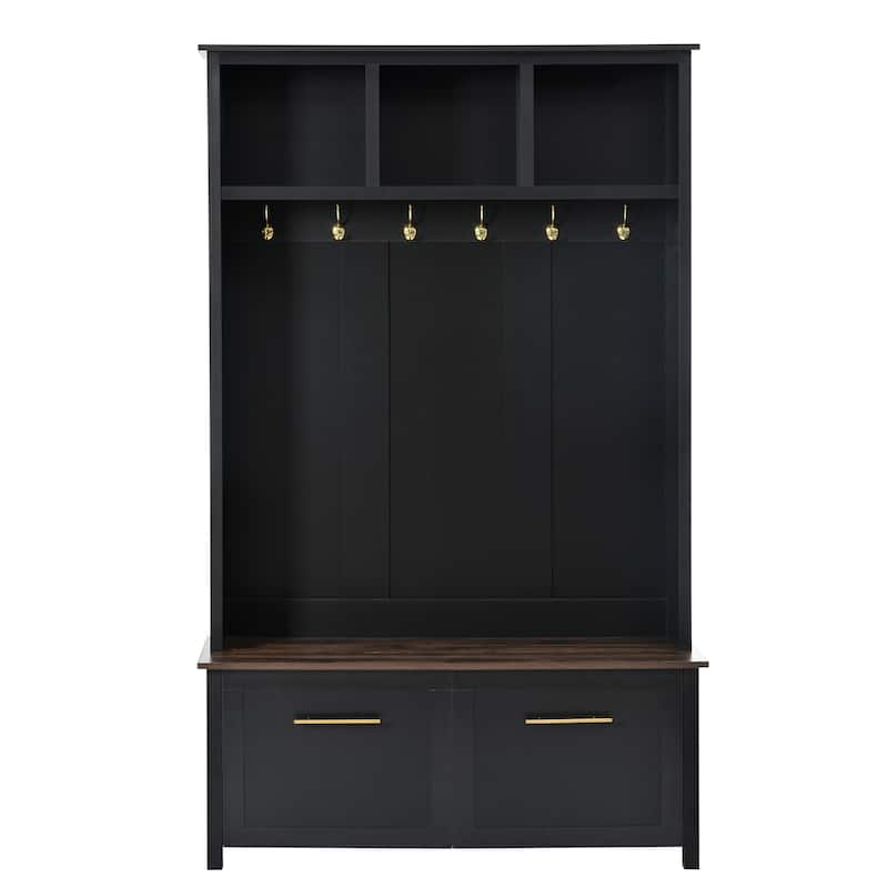 Elegant 4-in-1 Hall Tree with Golden Hooks, Wood Grain Bench, and Ample Storage