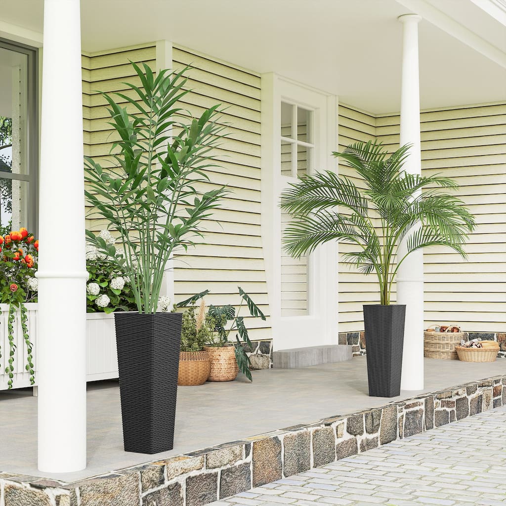 Outsunny 23.6 Inch Tall Planters for Outdoor Plants, Set of 2 Plastic Rattan-Like Flower Pots Front Porch