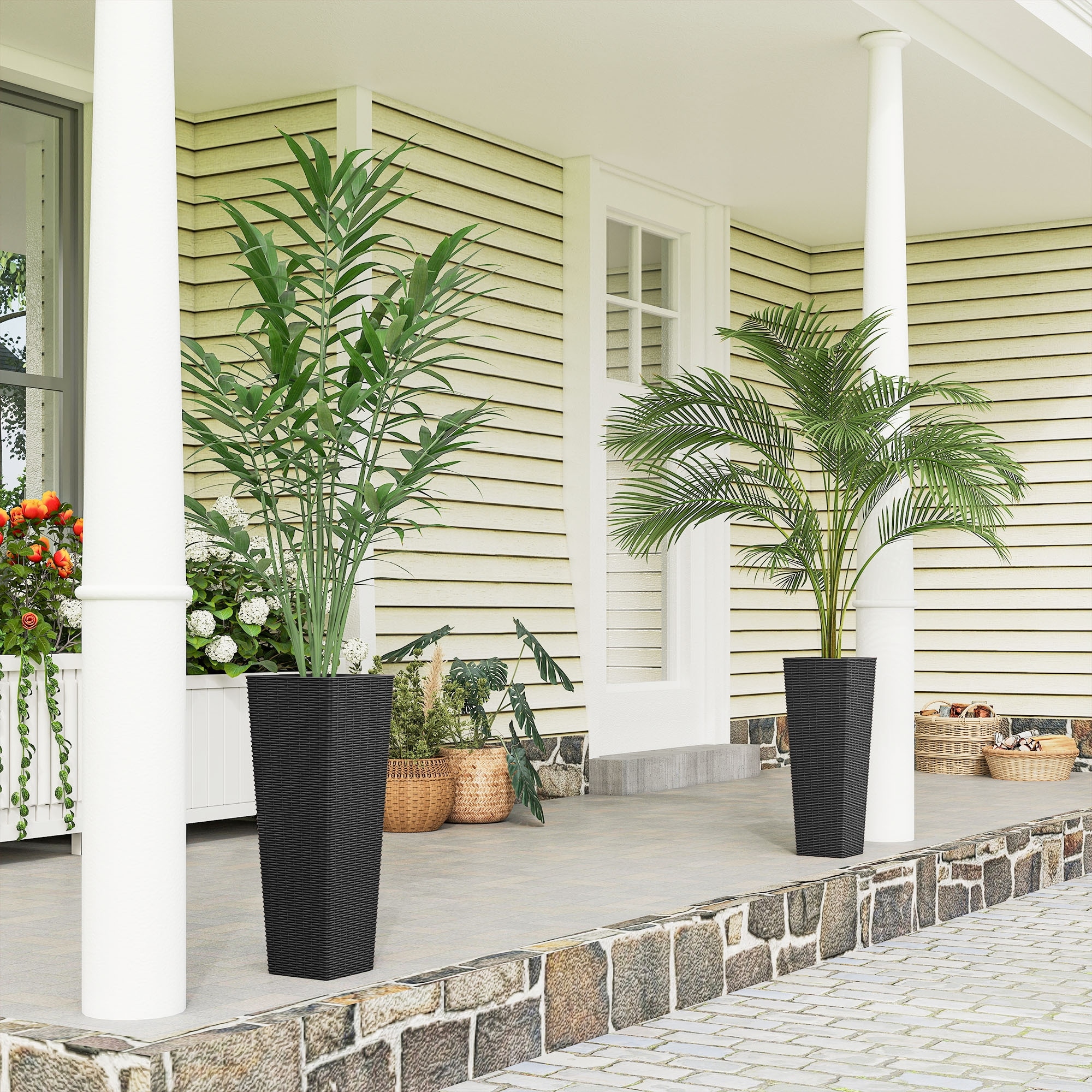 Outsunny 23.6 Inch Tall Planters for Outdoor Plants, Set of 2 Plastic Rattan-Like Flower Pots Front Porch