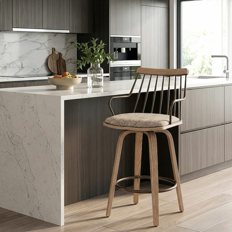 Beatrice Brown and White Woven Fabric Counter Stool with Natural Wood Legs