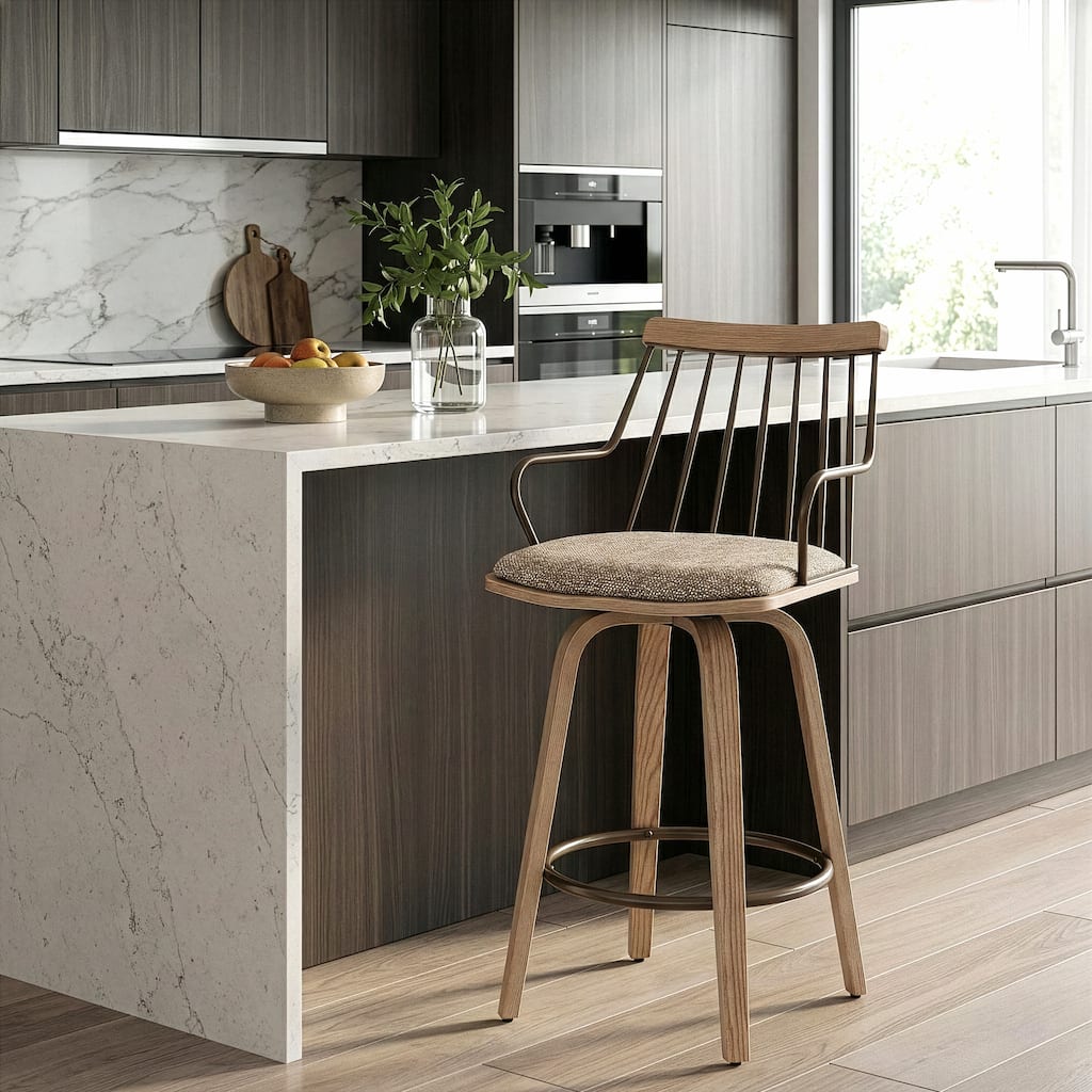 Beatrice Brown and White Woven Fabric Counter Stool with Natural Wood Legs