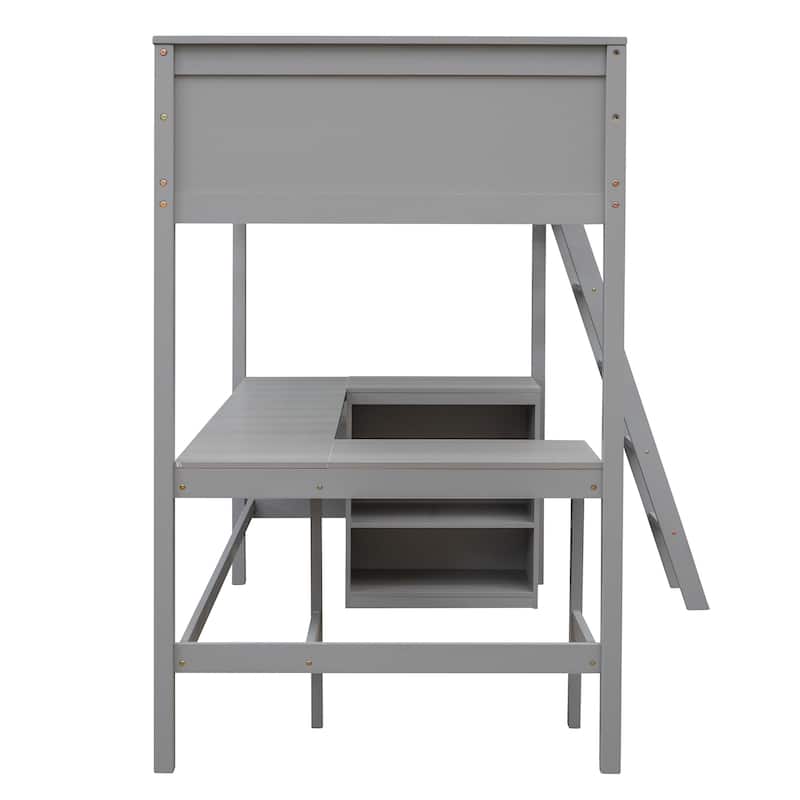 Twin size Loft Bed with Shelves and Desk, Wooden Loft Bed with Desk - Gray