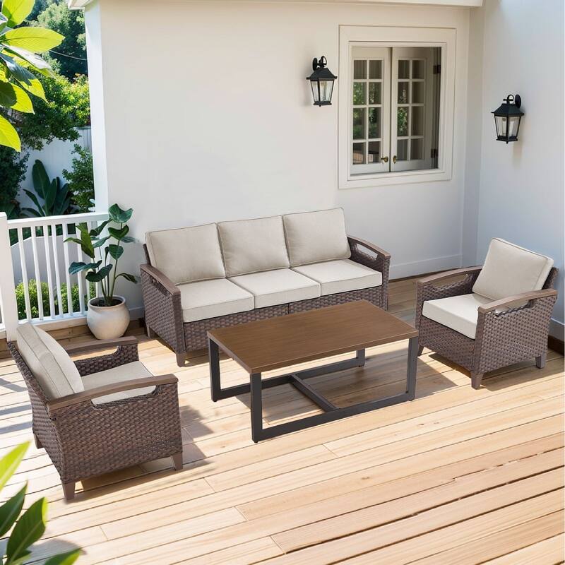 Pocassy Outdoor Club Chair with Cushion Set - Beige Cushion - 3-Seat Sofa with Club Chair Table Set