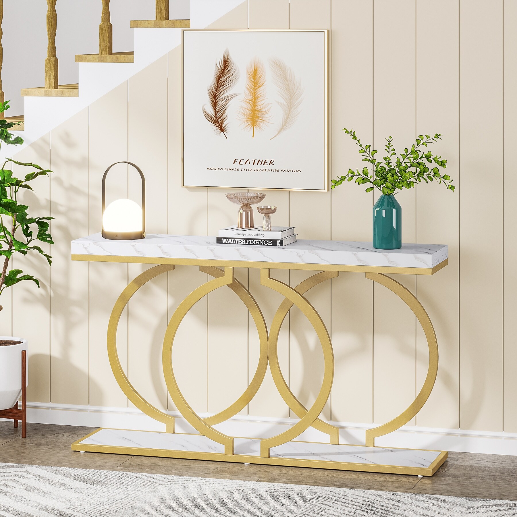 Gold Console Table, 55 inch Faux Marble Entryway Table Narrow Long