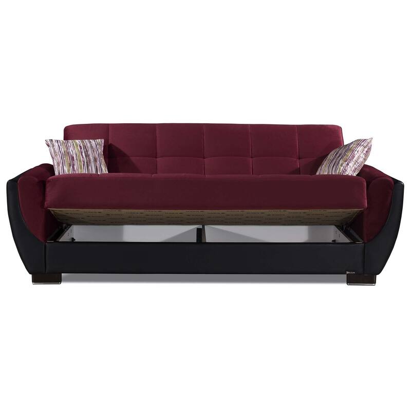HomeRoots 93" Burgundy Microfiber And Faux Leather Convertible Futon Sleeper Sofa And Toss Pillows With Storage