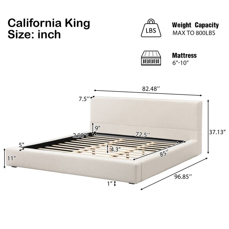 Modern Wooden Upholstered Linen Platform Bed with Thick Padded Headboard, No Box Spring Needed