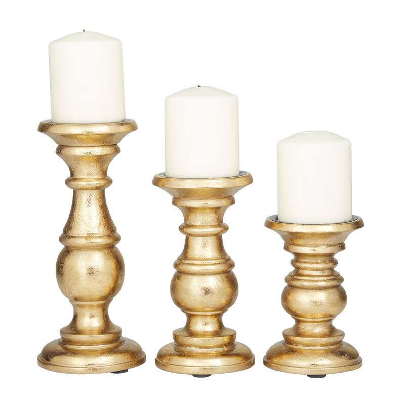 Mango Wood Distressed Turned Pillar Decorative Candle Holder - Set of 3 - Roche River Decor