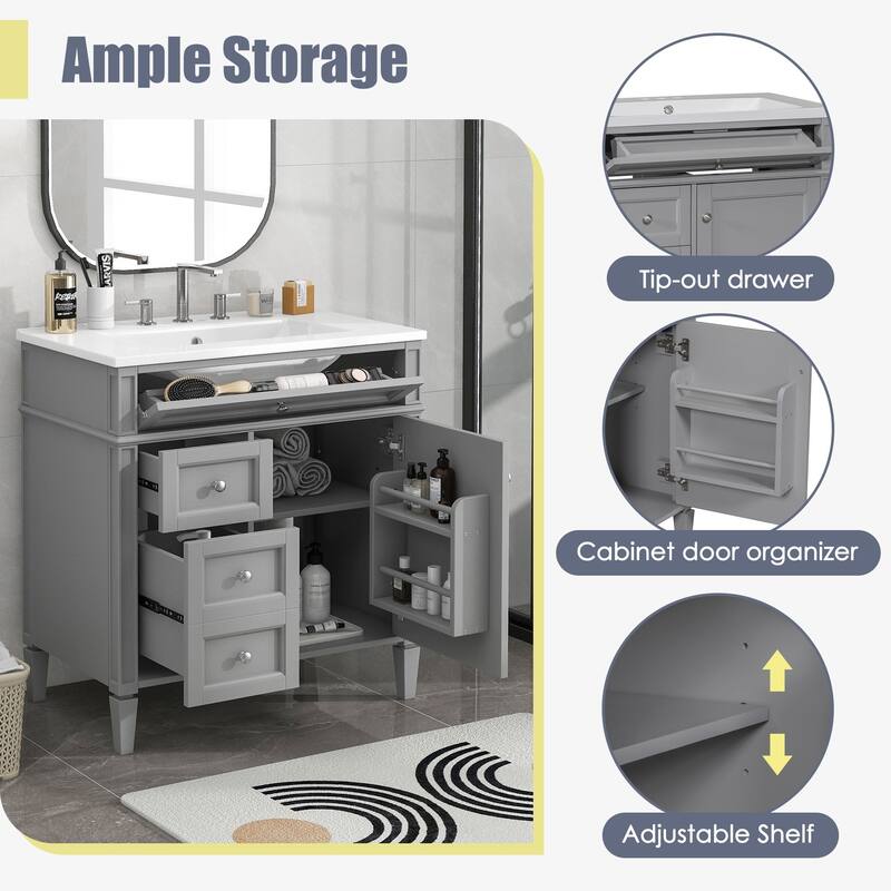 Modern 30" Bathroom Vanity with Ceramic Sink, 2 Drawers & Tip-Out Drawer for Bathroom Storage