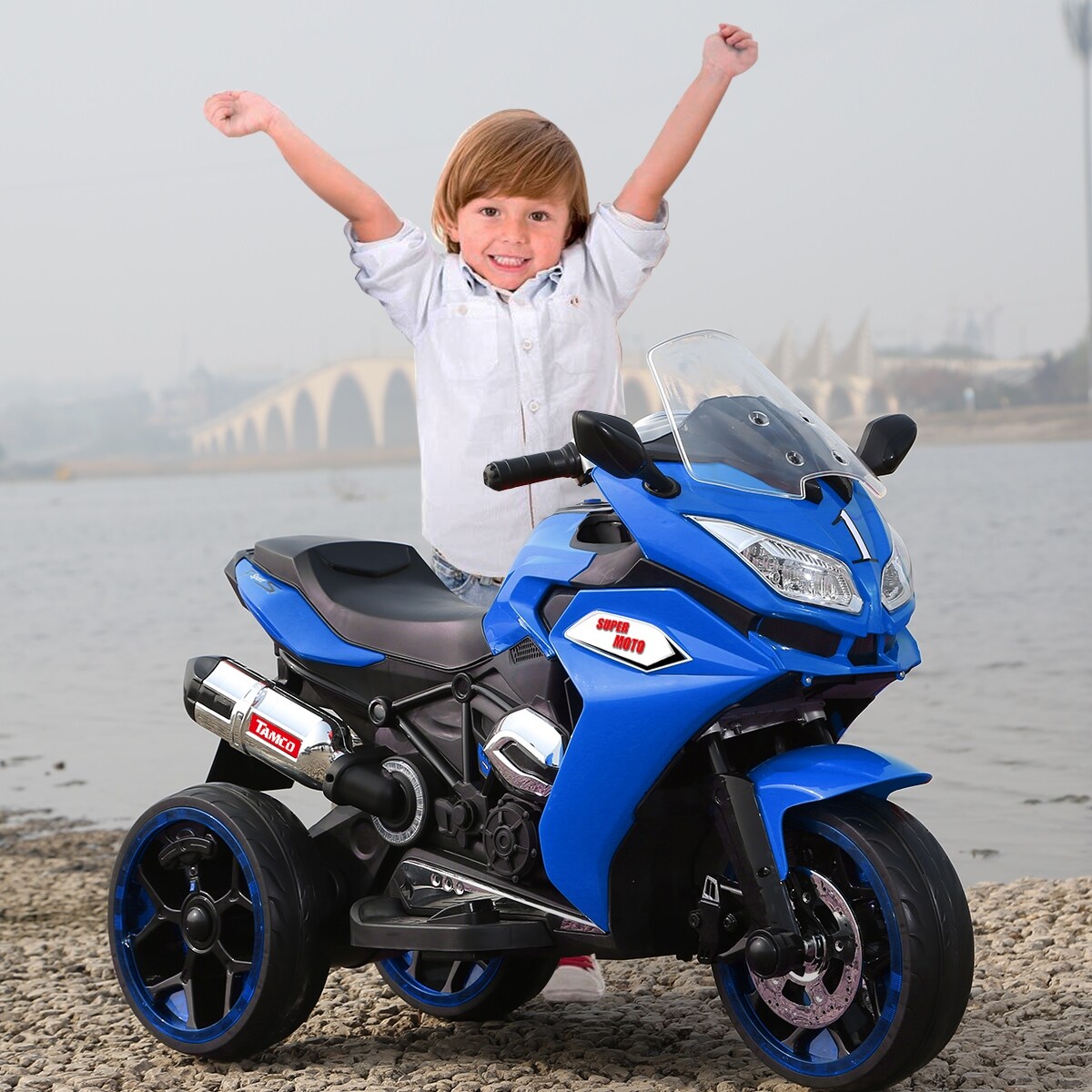 Blue 12V Kids Motorcycle Ride on 3 Wheel Motorcycle Children s Rechargeable Ride on Bike