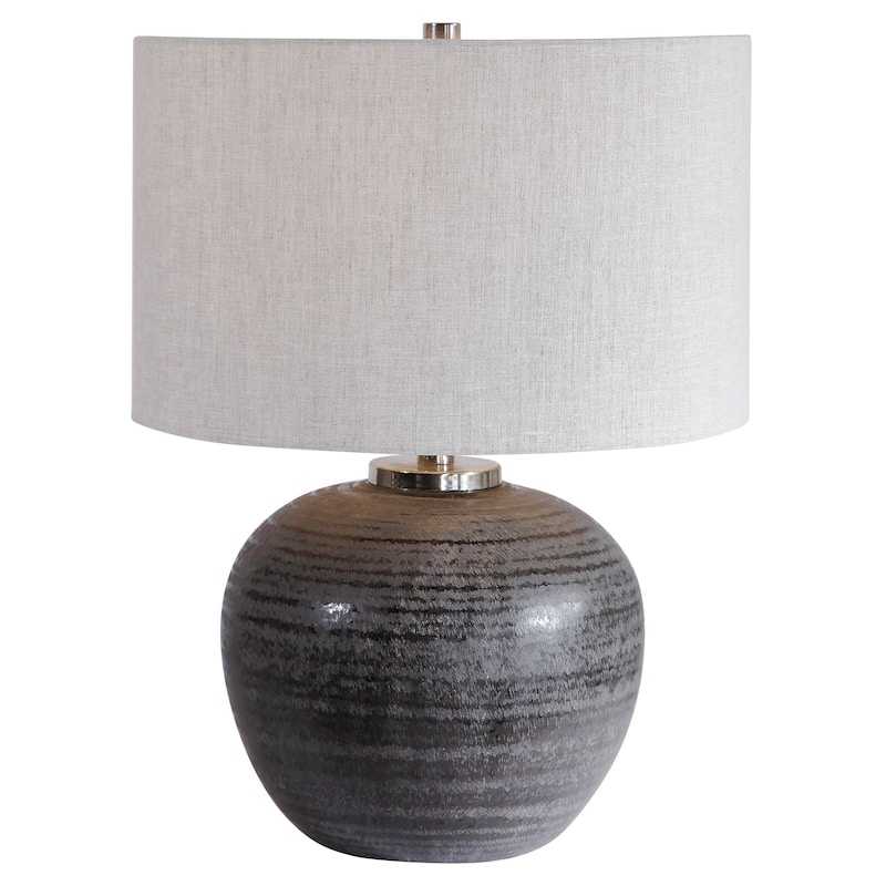 Glossy Etched Ceramic Table Lamp with Oatmeal Drum Shade - 21.75" - Black