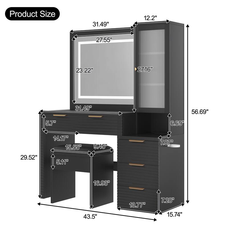 43.5" Vanity Desk with Mirror and Lights, Fluted Makeup Vanity with Charging Station, 5 Drawers and a Glass Door Cabinet