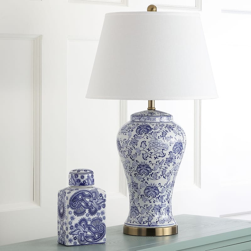 SAFAVIEH Lighting Tiffani Blue Blossom Ceramic Table Lamp (Set of 2) - 17" x 17" x 29" - 17Wx17Dx29H