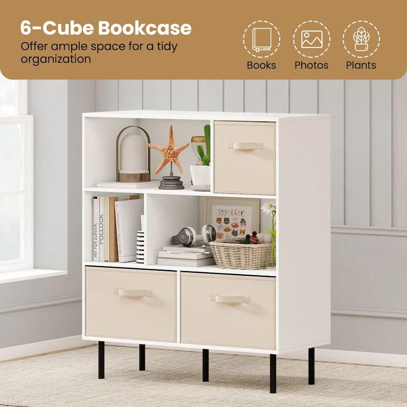 Costway 6-Cube Bookshelf with 3 Removable Folding Fabric Drawers Metal - See Details