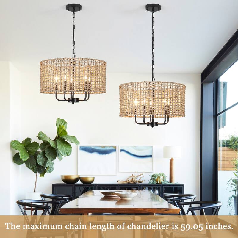 5 - Light Dimmable Drum Chandelier Natural Rattan Bohemian & Coastal Pendant - 18.9 in