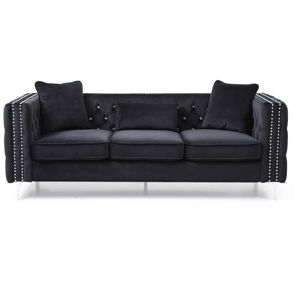Tufted Faux Diamond Button Velvet 3-Seater Sofa with Throw Pillows - 86" - Black