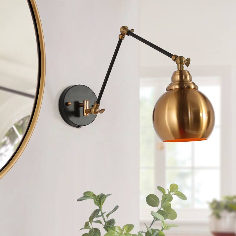 Marden Mid-Century Modern 1-Light Black Gold Swing Arm Lights Plug-in/ Hardwired Wall Sconce - L 5.5"x W 15.5"x H 17.5"