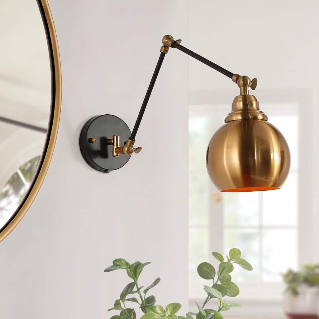 Marden Mid-Century Modern 1-Light Black Gold Swing Arm Lights Plug-in/ Hardwired Wall Sconce - L 5.5"x W 15.5"x H 17.5"