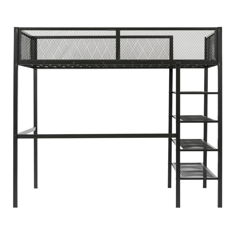 Twin/Full Metal Loft Bed with Built-in Desk, Shelves, and Storage, Modern Design