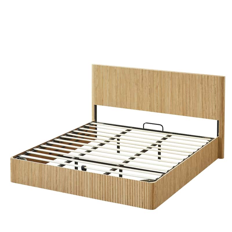 Hydraulic Lift Storage Bed Frame with Headboard/Wooden Corrugated Platform Bed Frame/No Box Spring Needed/Noise-Free Design/King