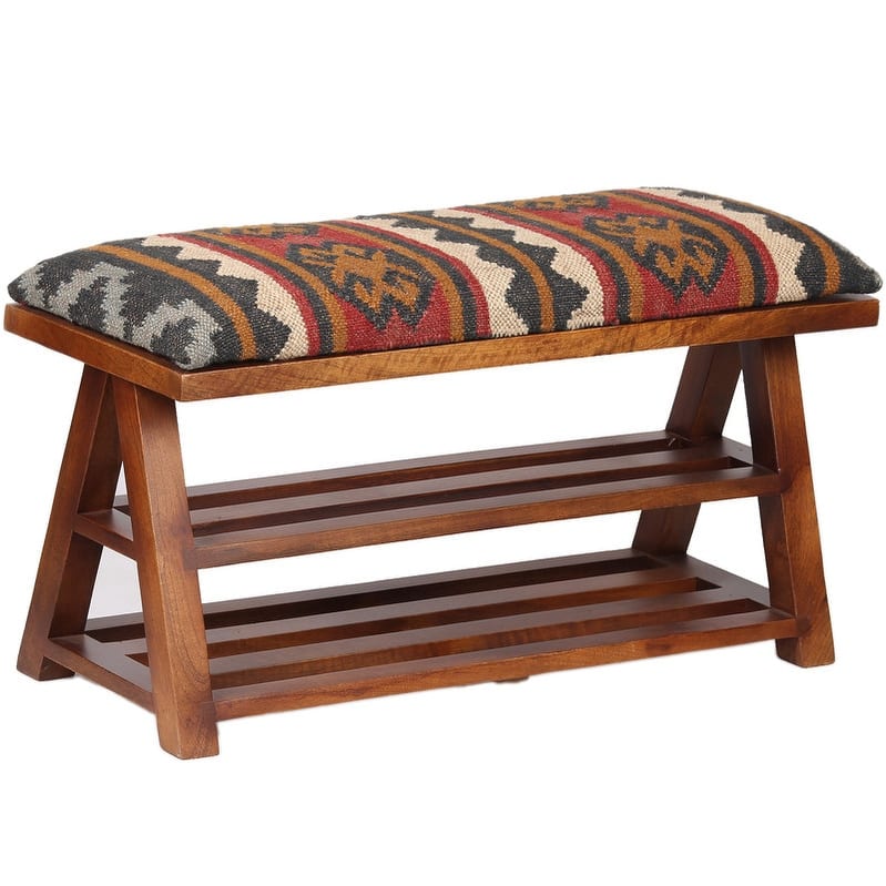 HERAT ORIENTAL Handmade Kilim Upholstered Wooden Storage Bench - 30" W x 12.5" L x 16" H