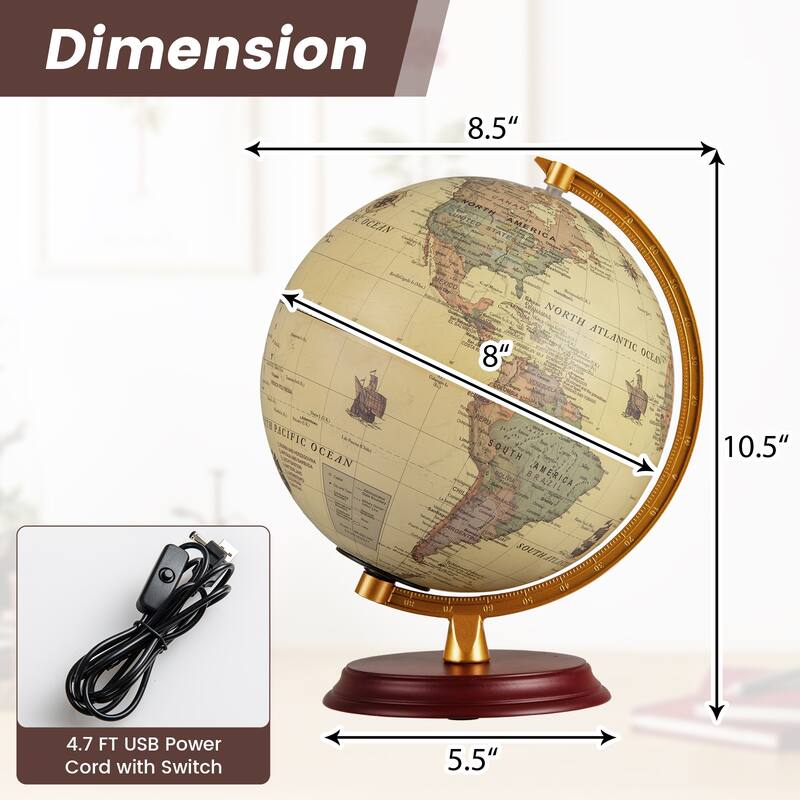 Gymax 8 Inch Illuminated World Globe Night Light up Globe Lamp Wooden