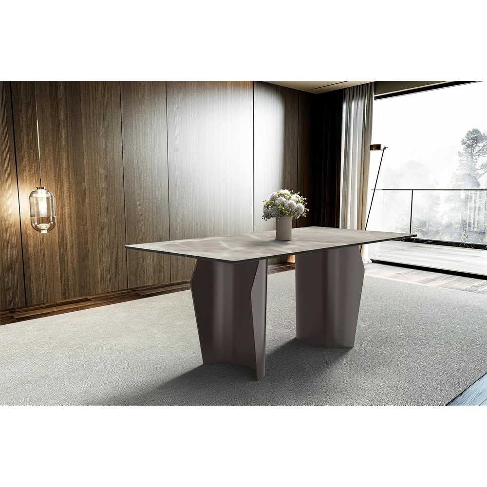 Zelan Mid-Century Modern Rectangular Sintered Stone or Glass Dining Table with Steel Legs Furniture for Home and Office