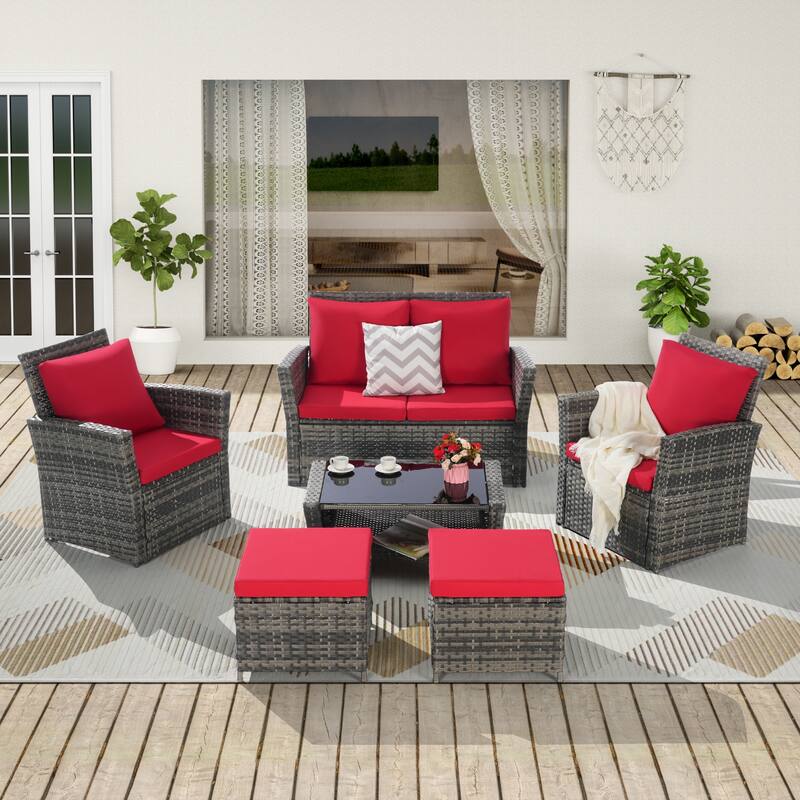 6 Pieces Patio Conversation Furniture Sets, All Weather Wicker Sectional Sofa with Glass Coffee Table and 2 Ottomans