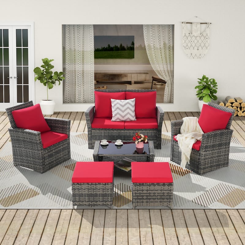 Patio Wicker Furniture Sets with Ottoman & Tempered Glass Coffee Table