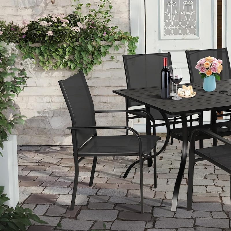 7 Piece Outdoor Patio Metal Dining Set of 6 Textilene Chairs and Rectangle Table with Umbrella Hole