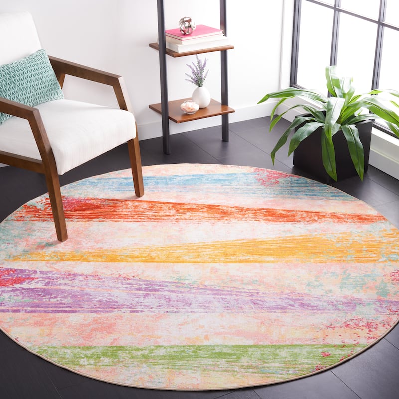SAFAVIEH Paint Brush Machine Washable Slip Resistant Boushra Rug - 6'7" Round - Pink/Blue