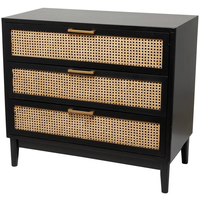 Wood 3 Drawer Chest with Beige Rattan Drawers and Gold Handles - Light Brown or Black - Roche River Decor - Black