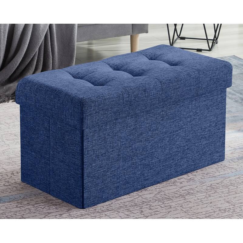 30 Inch Linen Foldable Bench Storage Ottoman - Navy Blue