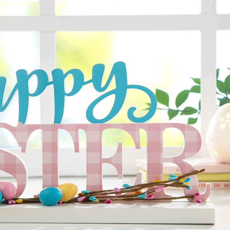 Glitzhome Wooden EASTER HOP Happy Easter with Artificial Rattan Table Sign Decor Centerpiece