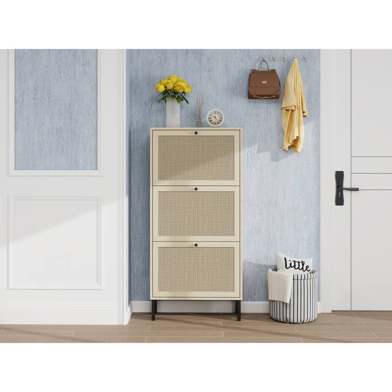 Shoe Storage Cabinet with 3 Flip Drawers, Freestanding 3-Tier Shoe Rack, Slim Shoe Organizer with Half Round Woven Rattan Doors