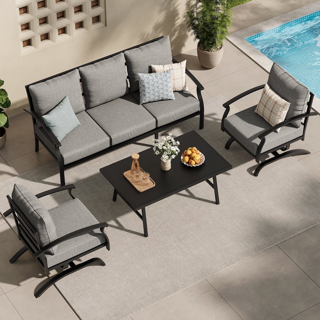 Kullavik 4 Piece Patio Furniture Set,Outdoor Metal Patio Furniture with Coffee Table & Rocking Chairs Conversation Set