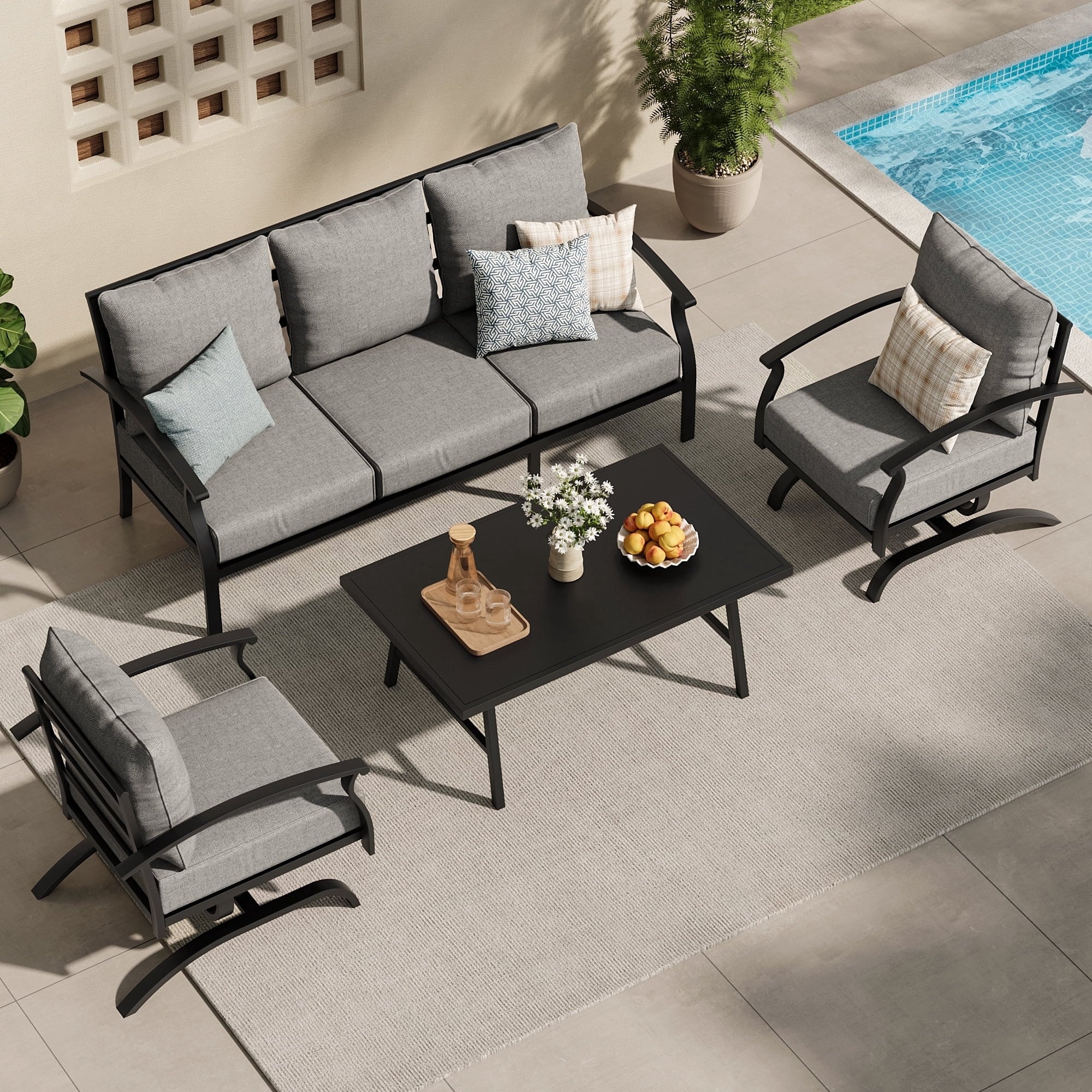 Kullavik 4 Piece Patio Furniture Set,Outdoor Metal Patio Furniture with Coffee Table & Rocking Chairs Conversation Set