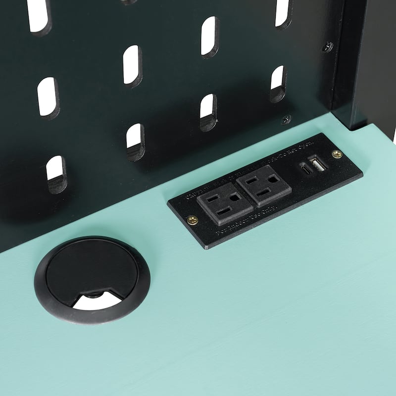 Full Size Wood Loft Bed with Desk, Shelves, LED Lights, USB Ports and Pegboard